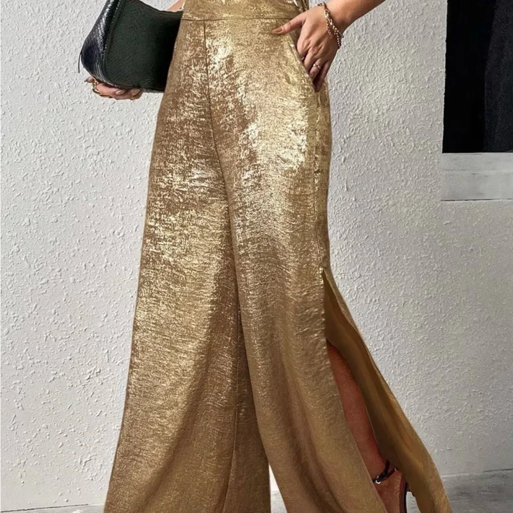 Golden Wide-Leg Metallic Palazzo Pants - Picture 2 of 9